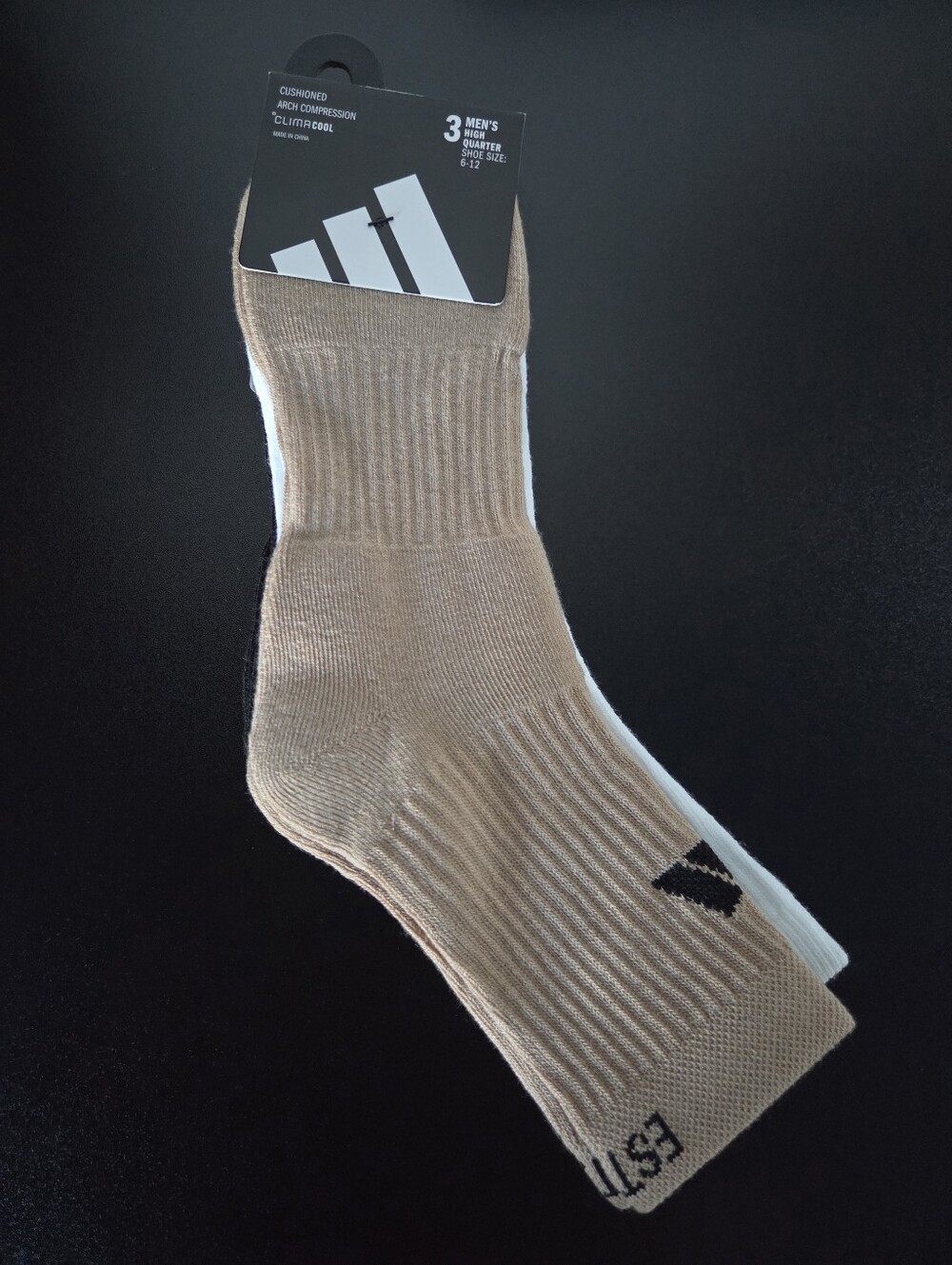 Adidas Men's Socks 3 Pack High Quarter Tan White Black Climacool NEW